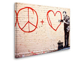 a brick wall with a painting of a man and a peace sign painted on it
