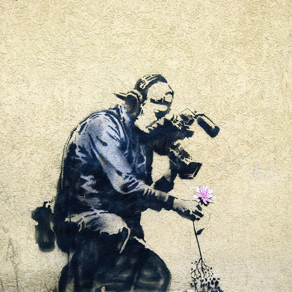 a painting of a man with a camera and a flower