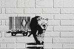 a black and white picture of a lion on a brick wall