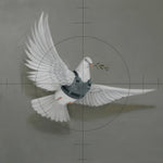 a white bird with a gun in it's beak