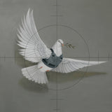 a white bird with a gun in it's beak