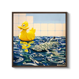 a painting of a duck and a shark in the water