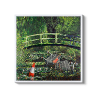 a painting of a bridge over a pond of water lilies