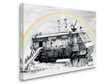 a black and white drawing of a bus with a rainbow in the background