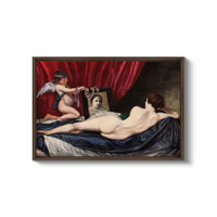 a painting of a woman laying on a bed next to a mirror