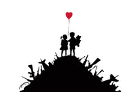 a silhouette of two children holding a heart balloon