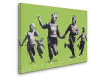 a painting of a group of people running