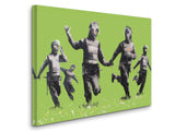 a painting of a group of people running