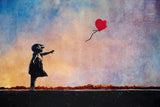 a painting of a girl holding a heart shaped balloon